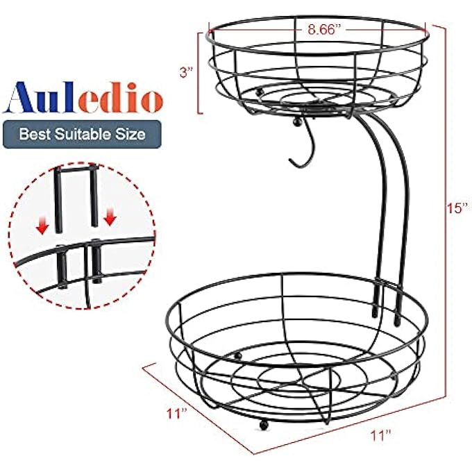 Auledio FRUIT BASKET FOR KITCHEN COUNTER, IRON 2-TIER COUNTERTOP FRUIT VEGETABLES BASKET BOWL STORAGE WITH BANANA HANGER, BLACK - Image 5